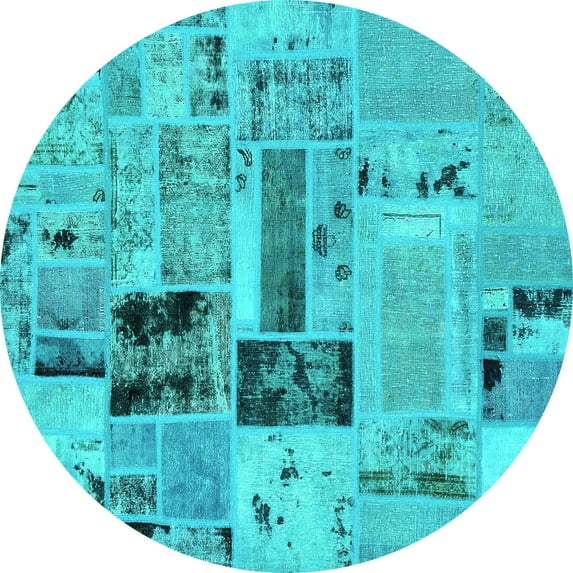 Ahgly Company Indoor Round Patchwork Turquoise Blue Transitional Area Rugs, 6' Round