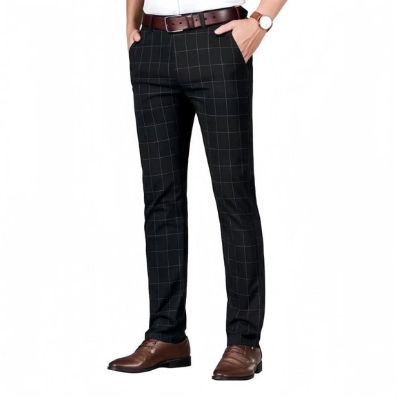 i·FineLong Men's Black Grid Pattern Dress Pants, Suitable for Business and Formal Occasions