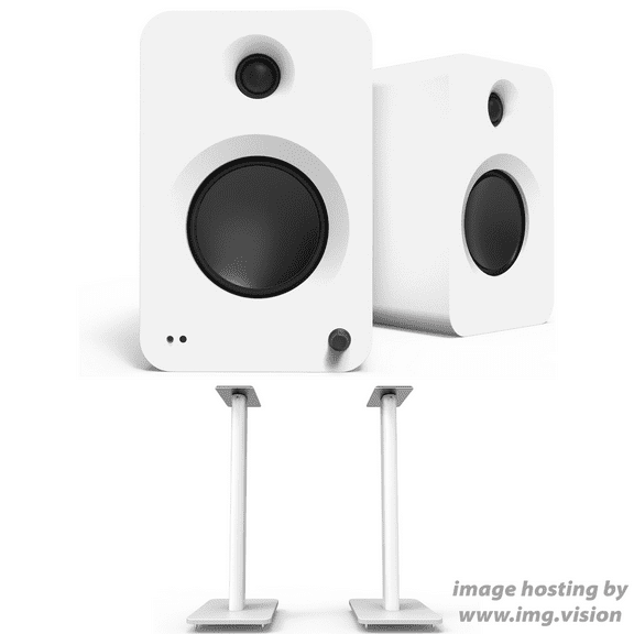 Kanto REN MW Bluetooth Powered Bookshelf Speakers - Matte White Pair with Kanto SP26PLW 26" Fixed-Height Stands for Bookshelf Speakers - White Pair (2024)