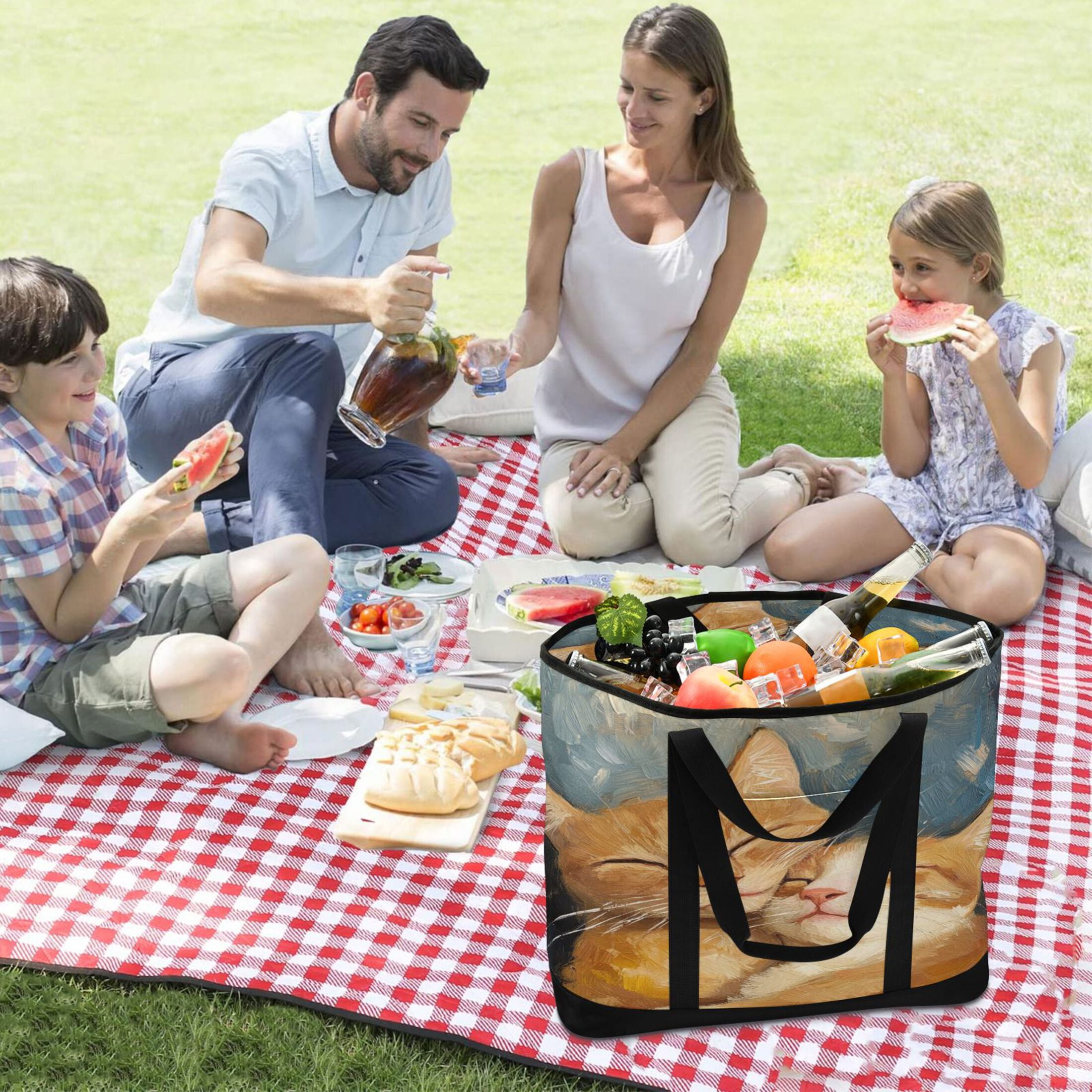 Large Hand-held Ice Pack Picnic Bag Insulation and Refrigeration Suitable for Shopping Picnics and Camping Beautiful Couple Cats