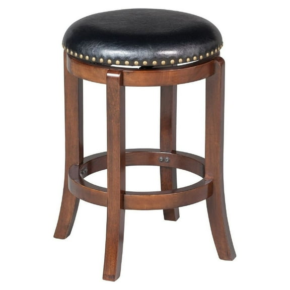 Ovi 24 Inch Wooden Swivel Counter Stool Faux Leather Seat Walnut Brown - Saltoro Sherpi