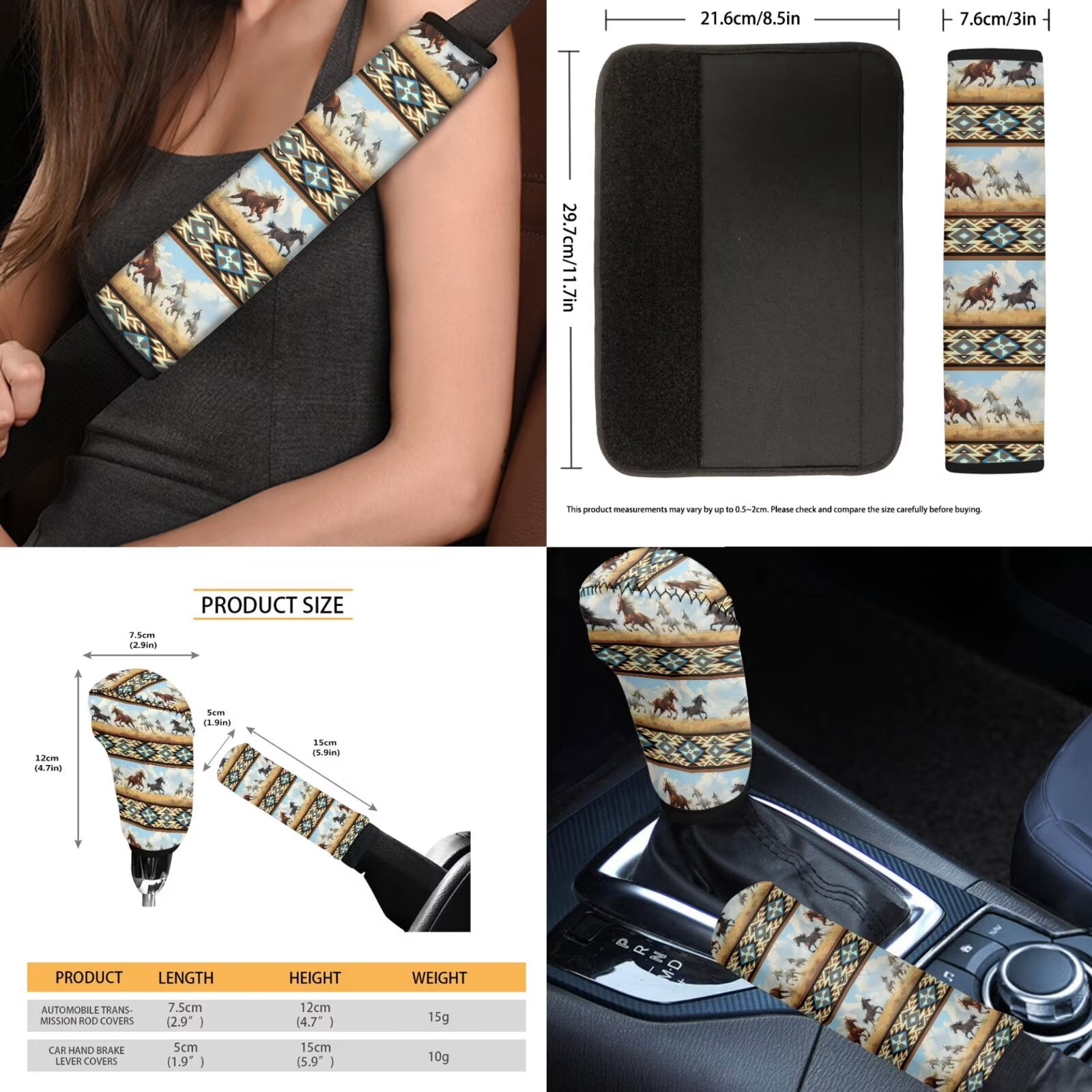 FKELYI American Tribal Horse Print 16 Pcs Car Seat Covers with Steering Wheel Cover Seatbelt Pads Headrest Protector Universal Fit Armrest Pad Handbrake Cover Gear Shift Cover Cup Coasters