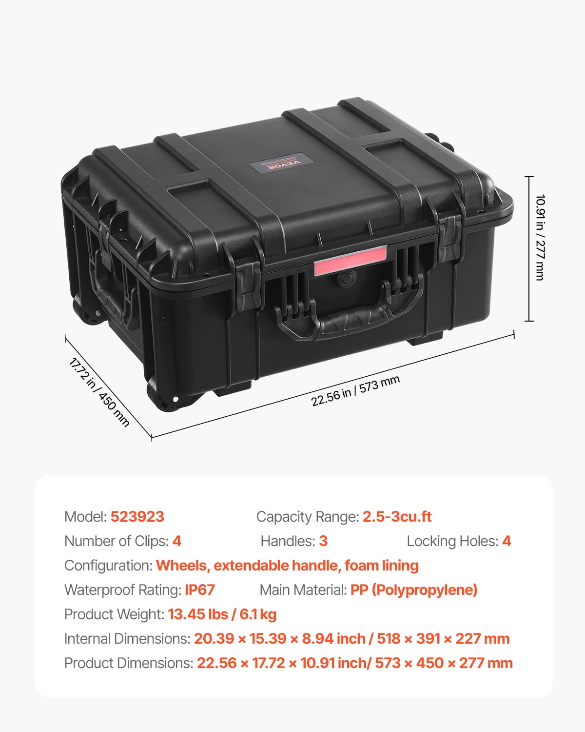 VEVOR Weatherproof Hard Case, Heavy Duty Protective Dry Box Case with Pre-Cut Foam, Wheels & Retractable Pull Handles for Travel, Hunt, Military, Tactical, IP67 Waterproof Case for Cameras(57x45x28)