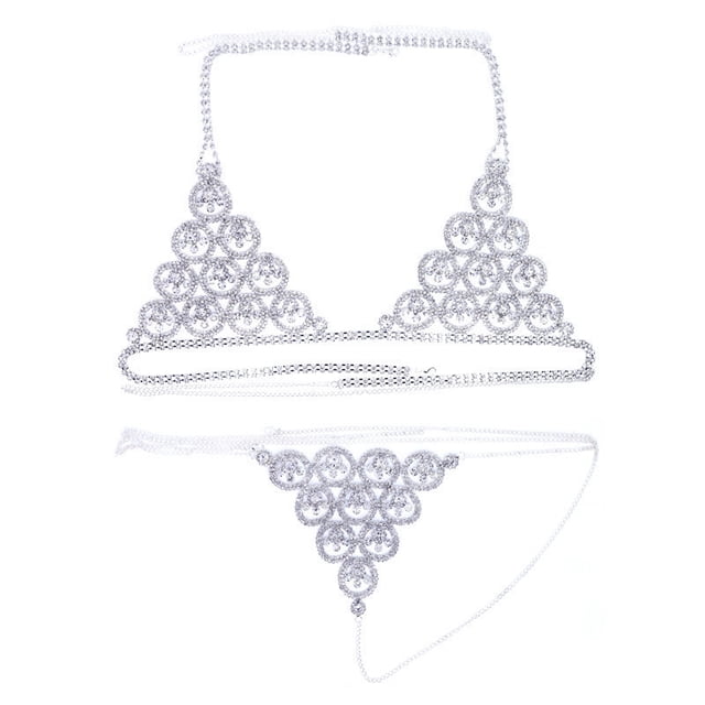 Conjunto de sujetador y Tanga con cadena para cintura y diamantes de imitación de cristal, cadena para el cuerpo, club nocturno, Bikini Sexy, cadena para el pecho y la cintura, joyería para mujer 1 Uds. (plateado) Sincero Electrónica