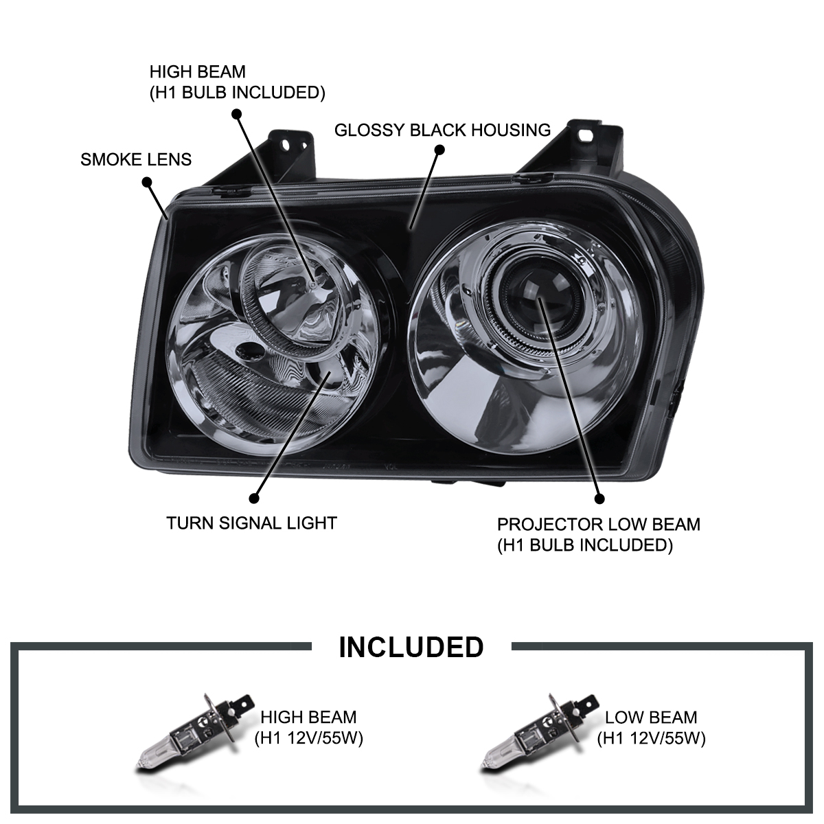Spec-D Tuning Glossy Black Housing Smoke Lens Projector Headlights Compatible with 2005-2010 Chrysler 300 Base/LX/Touring/Touring AWD, Left + Right Pair Headlamps Assembly