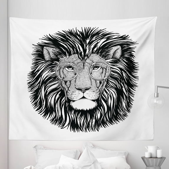 Indie Tapestry, Wild Hipster Lion with Glasses Wise Big Cat Clever Intelligent Animal Portrait, Fabric Wall Hanging Decor for Bedroom Living Room Dorm, 5 Sizes, Black and White, by Ambesonne
