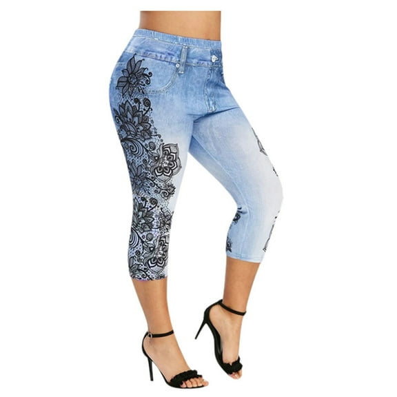 Plus Size Yoga Pants for Women Floral Embroidered Workout Pants Faux Denim Pants High Elastic Cropped Pants Gym Trouser