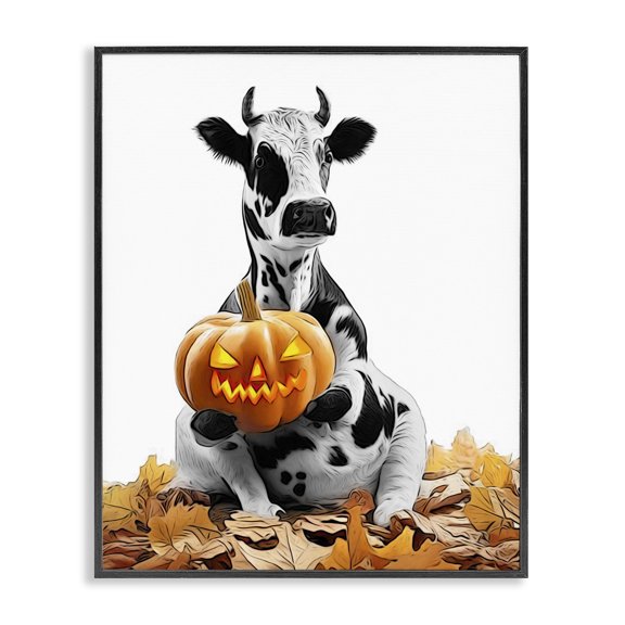 Stupell Industries Cottage Cow with Jack-o-Lantern Black Framed Giclee Art, 16 x 20, by Annalisa Latella