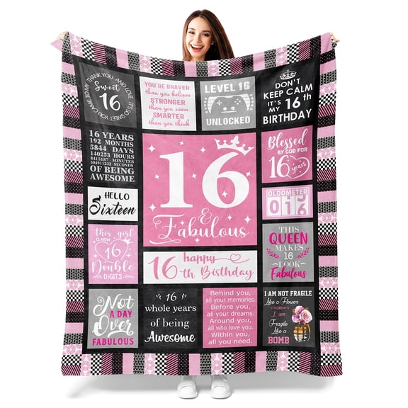 1pc 280g Sweet Sixteen Birthday Blanket for Girls - Cozy Flannel Throw with Inspirational Messages, Pink & Black Checkered Design, Perfect Gift for 16th Milestones, All-Season Use