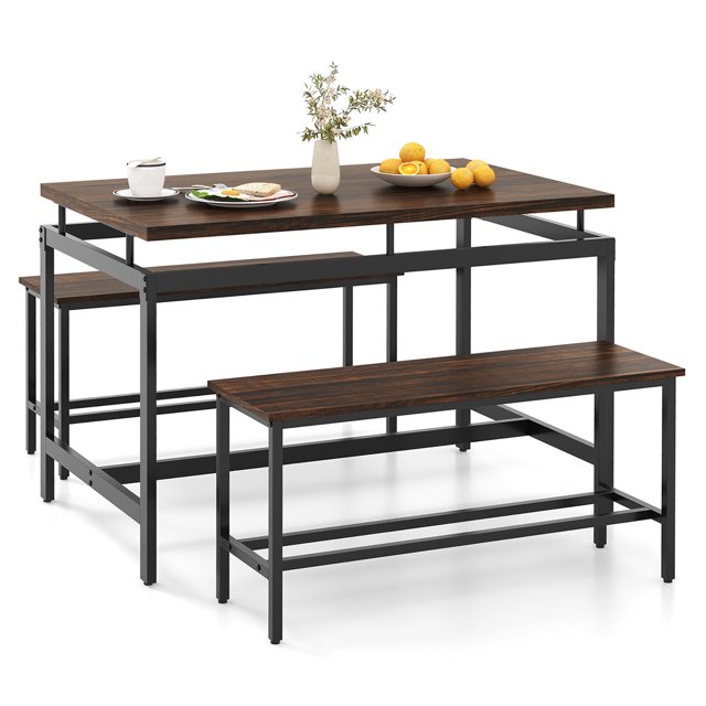 Gymax 3 PCS Dining Table Set for 4 w/ 43" Wooden Kitchen Table 2 Benches Metal Frame