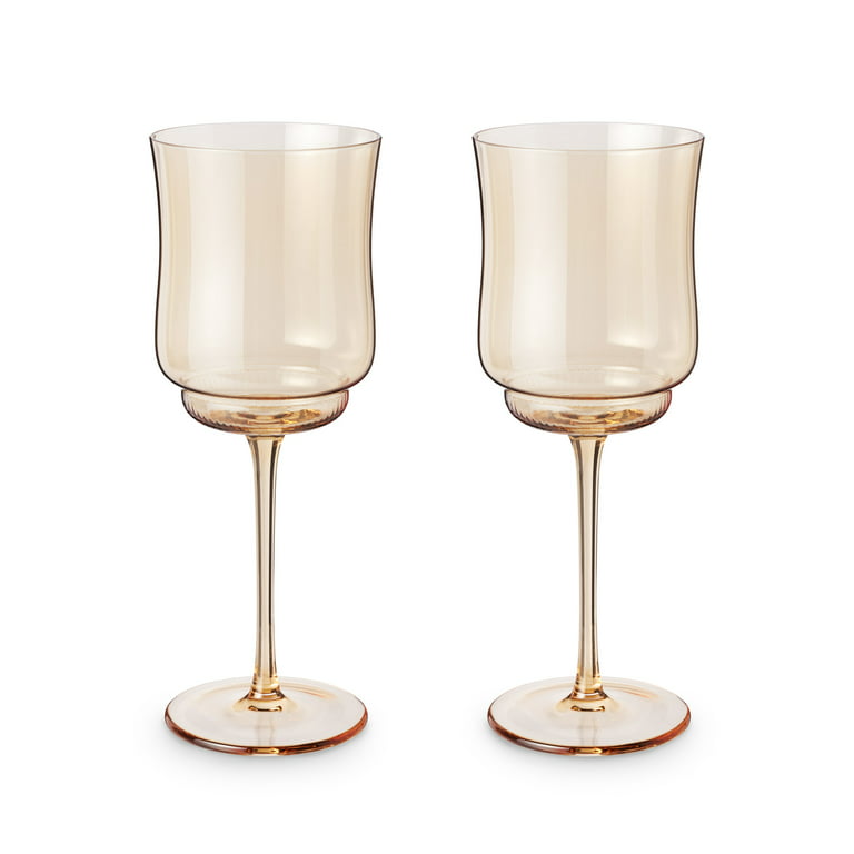 Gold-Rimmed Crystal Tulip-Form Wineglasses with Faceted Stems (8