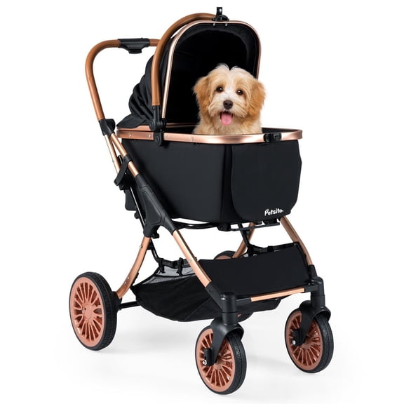 Pefilos 3-in-1 Foldable Pet Stroller, Sun Shade & Safety Belt, For 55lbs Pets & Storage Basket, Black