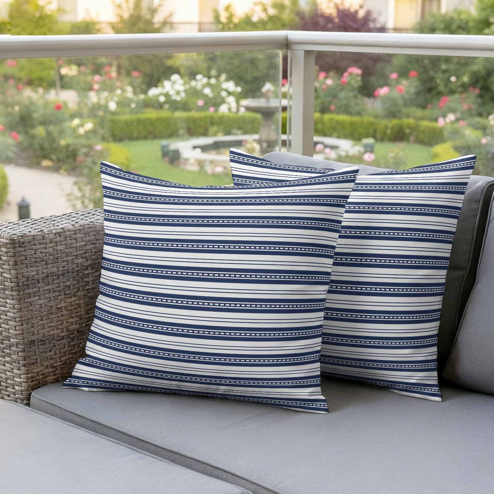 Navy Blue Striped Outdoor Waterproof Pillow Covers, Farmhouse Striped Geometric Art Decorative Square Throw Pillowcase Sofa Cushion Sham for Patio/Couch/Chair, 16"x16" 2 Pack