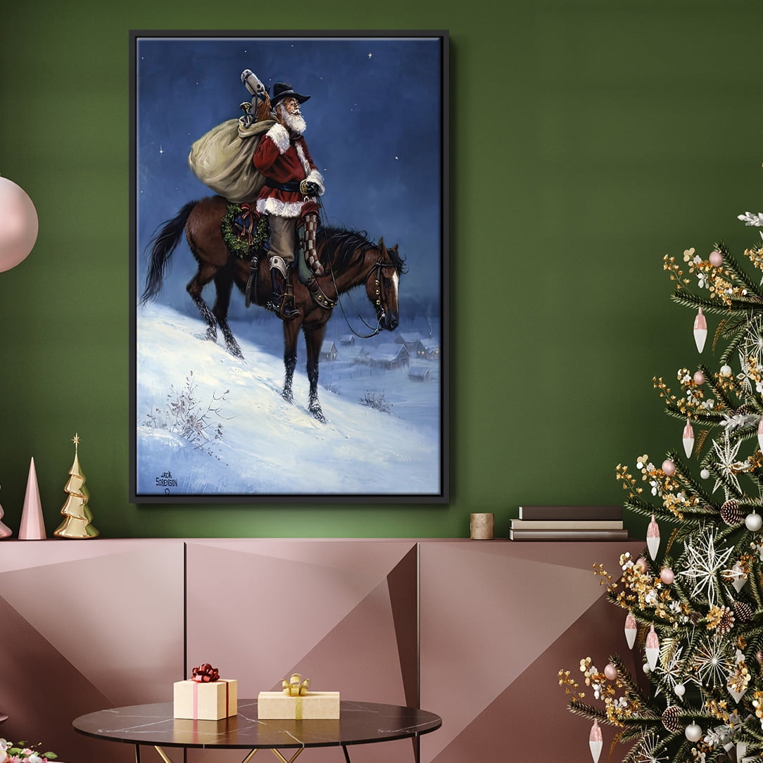 A Cowboy Christmas - Framed Gallery Wrapped Holiday Canvas - 25 x 17 - Black Frame