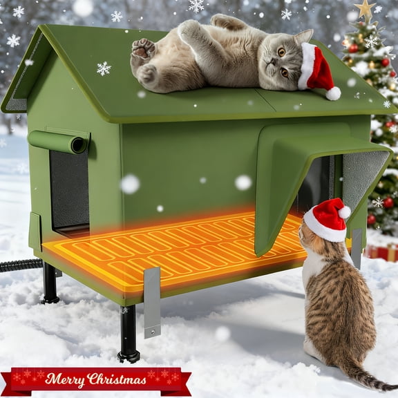 Outdoor Heated Cat House in Winter,Extremely Insulated & Weatherproof,Elevated Feral Cat Shelter with Waterproof Eaves & Escape Door for Outside Stray Barn Cat