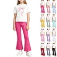 thumbnail image 2 of Yuanlook Kids Matching Outfit Set Short Sleeve Crew Neck Top Elastic Flare Pants Bow Print Casual Set for Girls, 2 of 6