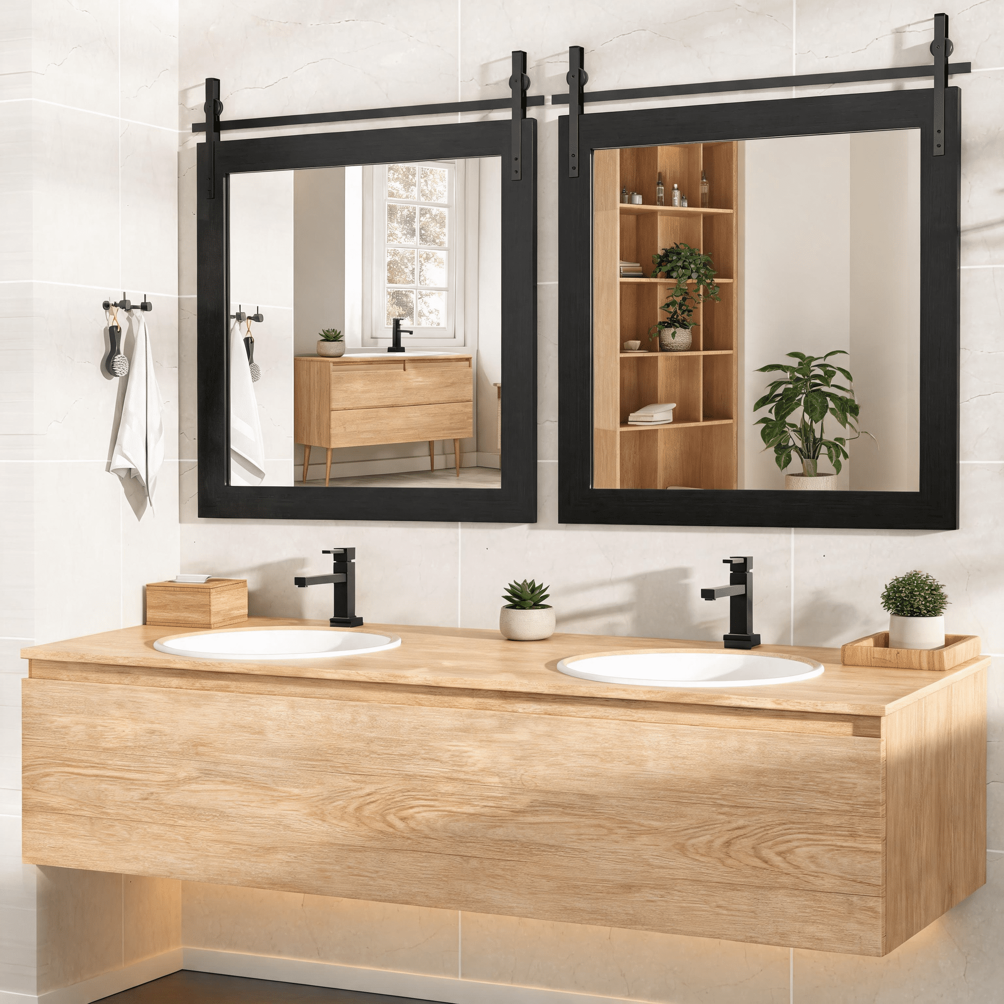 31x31-Inch Farmhouse Bathroom Mirror with Faux Wood Grain Frame, Rustic Wall Mounted Vanity Mirror and Decorative Mirror for Bathroom, Black