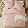 thumbnail image 3 of Pink/Blush Ruffle Bedding Set, Shabby Chic Farmhouse Queen Size Comforter for Women, Boho Fluffy Cozy Washed Microfiber Full Bed Sets, 3 Piece with Ruffled Pillow Shams, 3 of 14