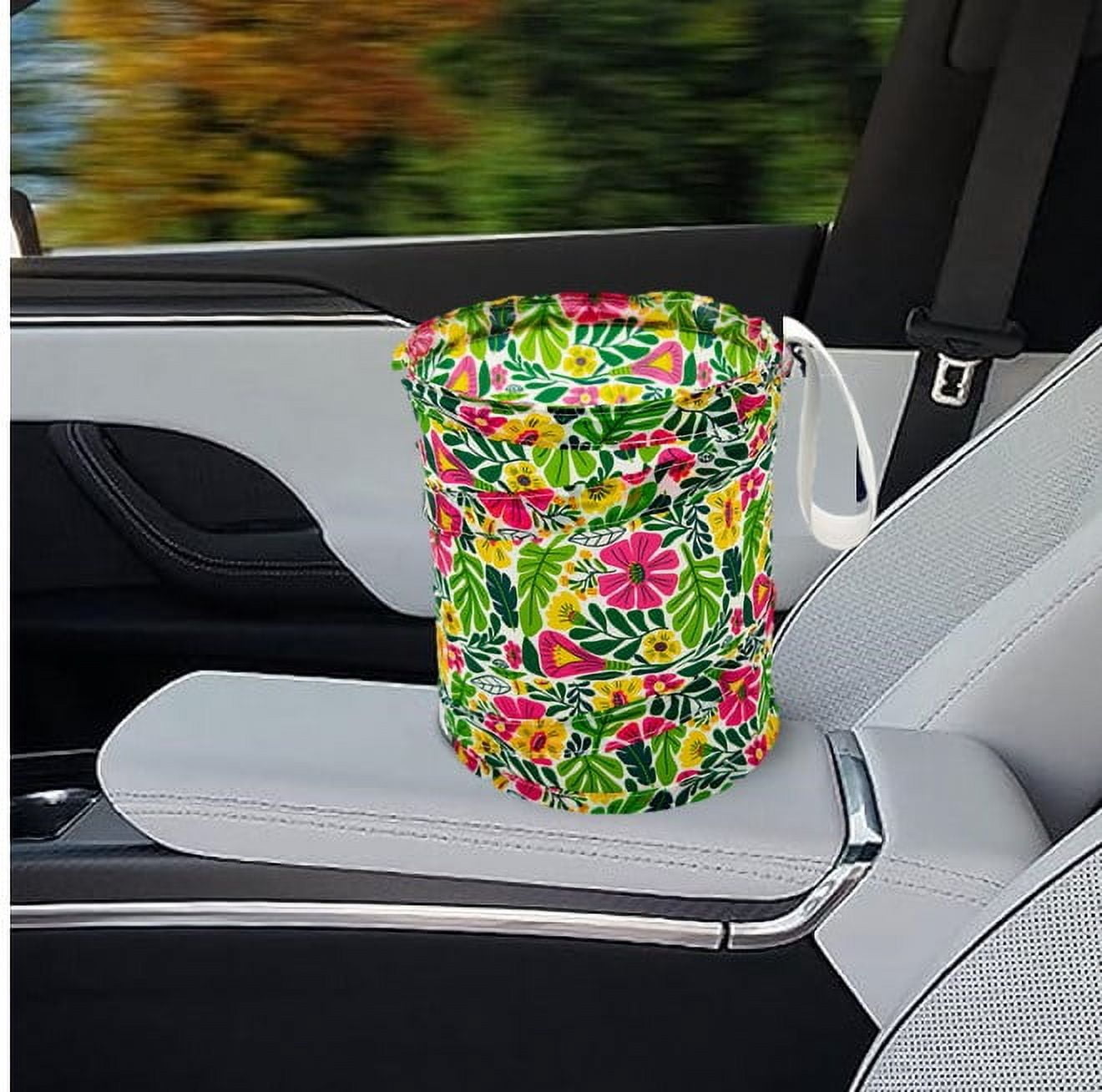 Women's Bright Island Floral Print Univeral Collapsible Bucket Hanging Trash Can for Cars