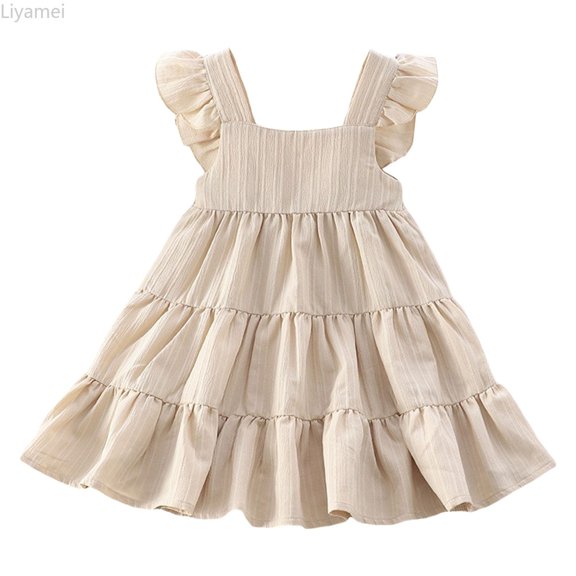 Liyamei Toddler Girls Dress Ruffle Sleeveless Tiered Swing Dresses Cute Summer Beach Dress With Pocket For 1 7T Little Girl Dresses 110/4Y
