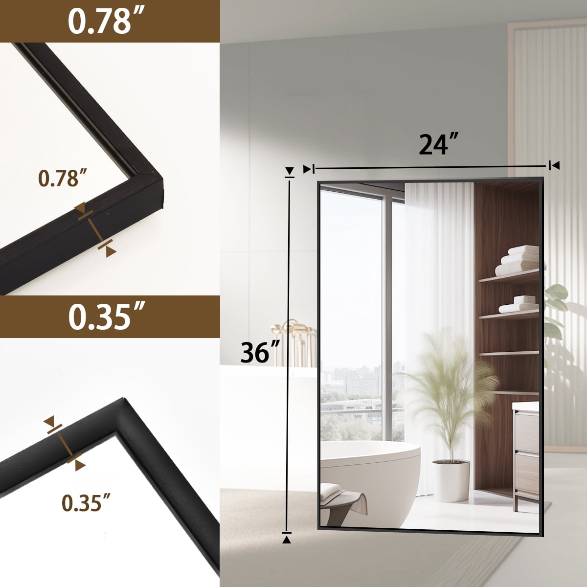 Gleamira 24"x36" Rectangular Bathroom Mirror Wall Mounted Mirror with Metal Frame, Black
