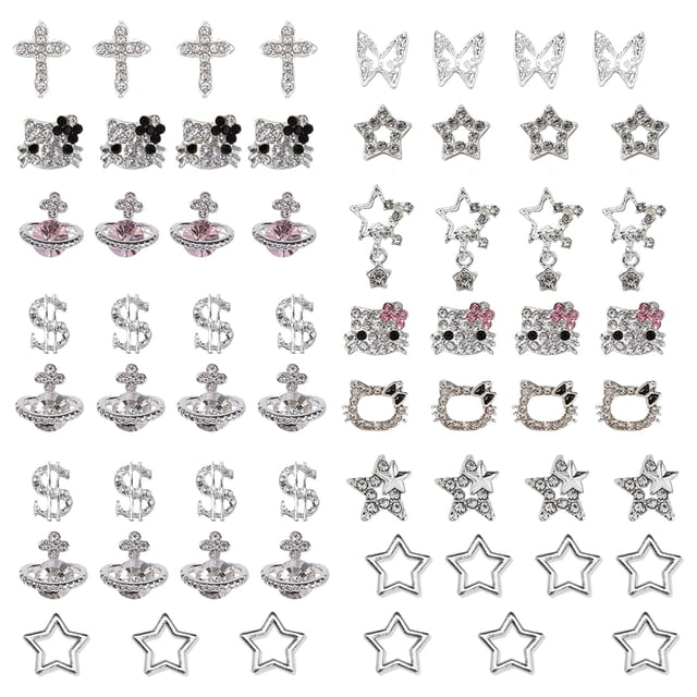Colgantes para uñas Rythsans Y2K, 56 unidades, diamantes de imitación plateados