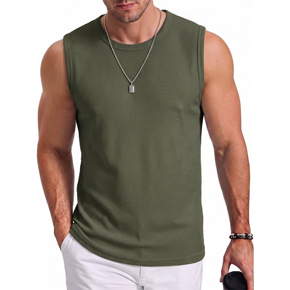 RICHCOIN Mens Tank Top Round Neck Sleeveless Muscle Shirts Lightweight Summer Beach Textured Tee