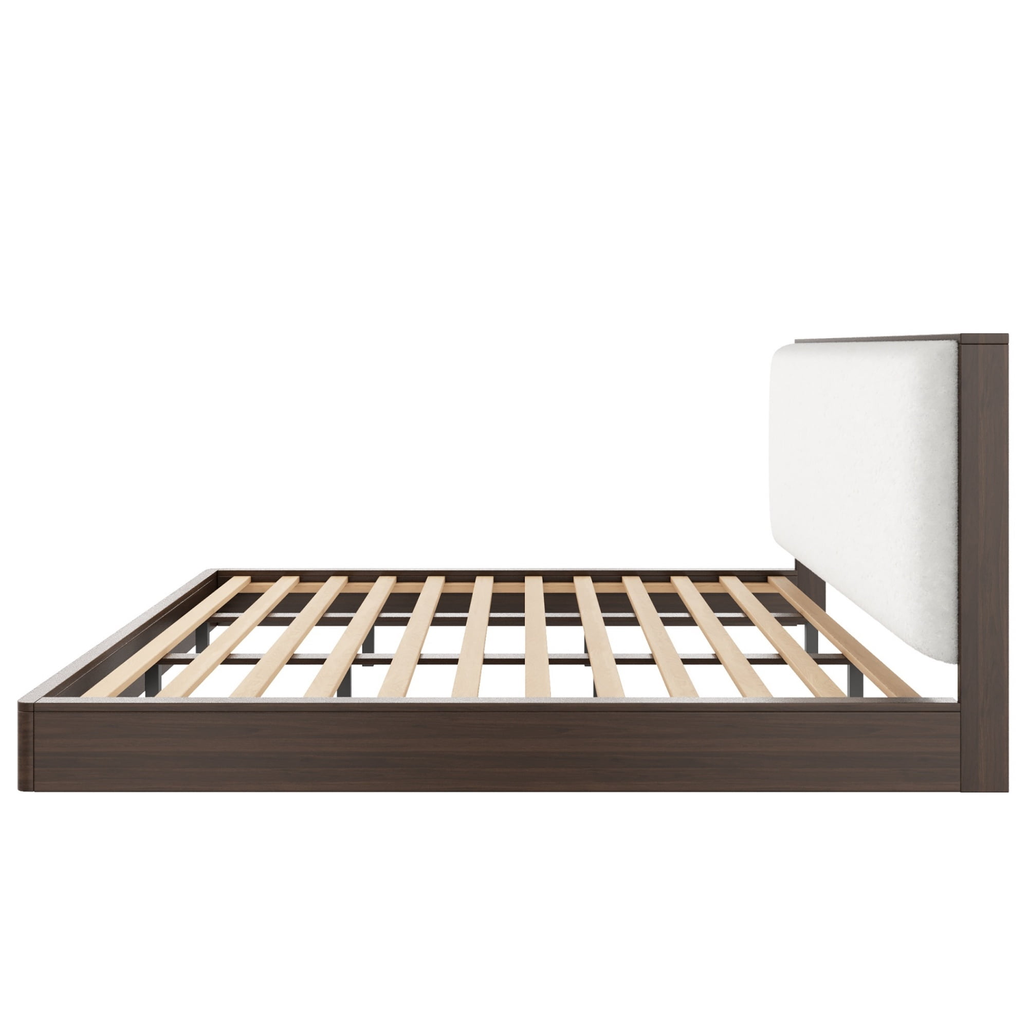 Euroco Wood King Size Platform Bed with Bouclé Upholstered Headboard, No Box Spring Needed, Walnut