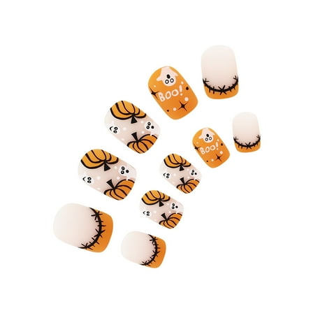 Papapt 24 Pcs Pumpkin Press on Nails Short Square Fake Nails Orange Nails Halloween Little Ghost Full Cover Design Glossy Halloween Glue on Nails Acrylic Nail Kit for Women Manicure