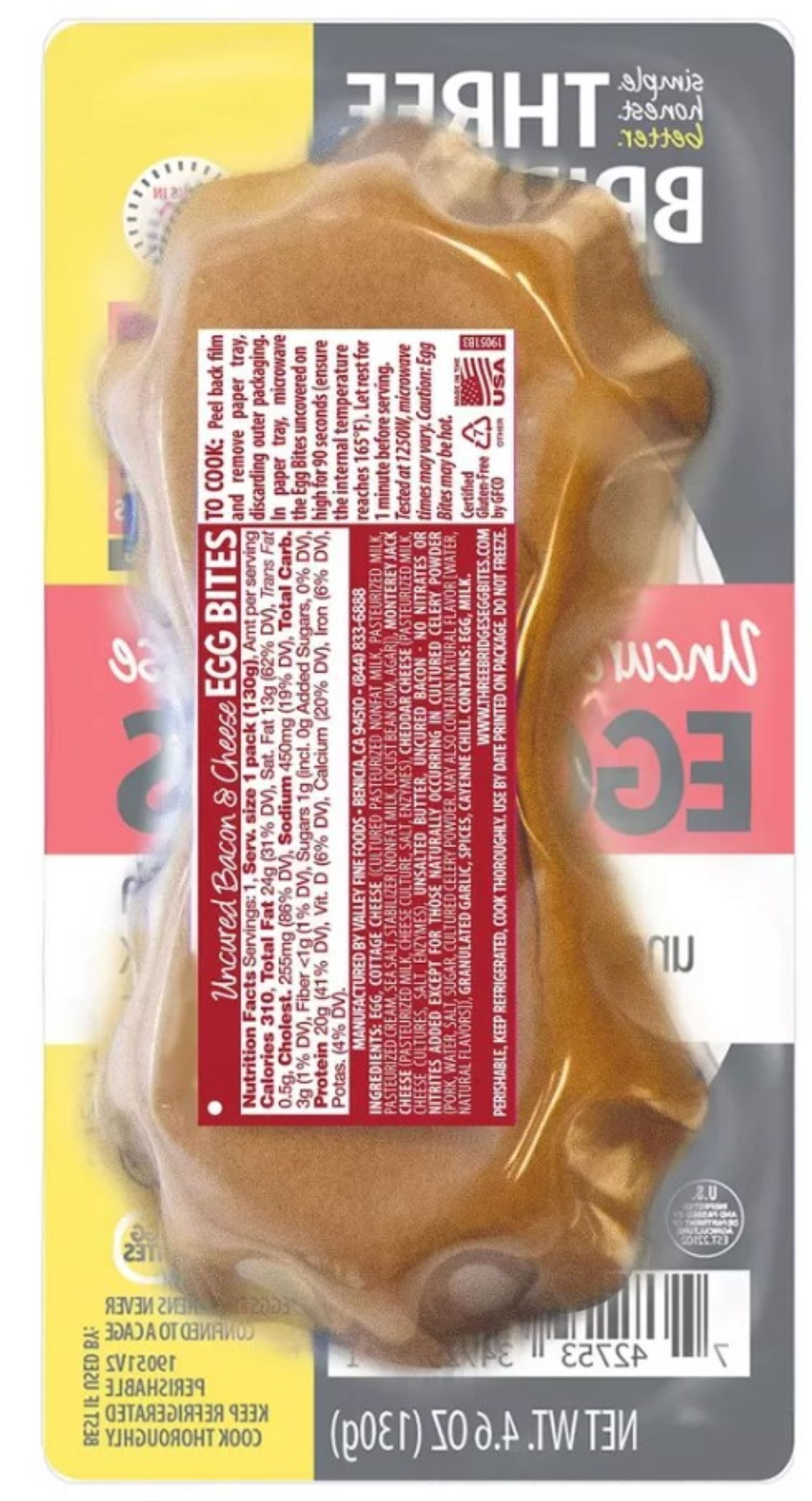 Three Bridges Uncured Bacon & Cheese Egg Bites, Gluten Free, 4.6 oz 2 Count Tray (Refrigerated)