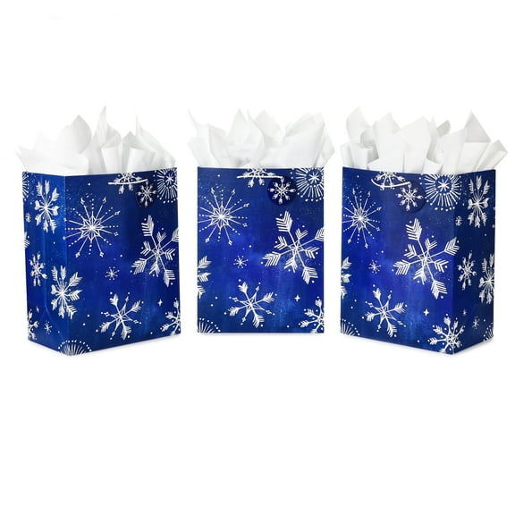 Hallmark 17" Extra Large Holiday Gift Bags with Tissue Paper (3 Gift Bags: Starry Snowflakes on Navy Blue) for Christmas, Hanukkah, Weddings, Birthdays