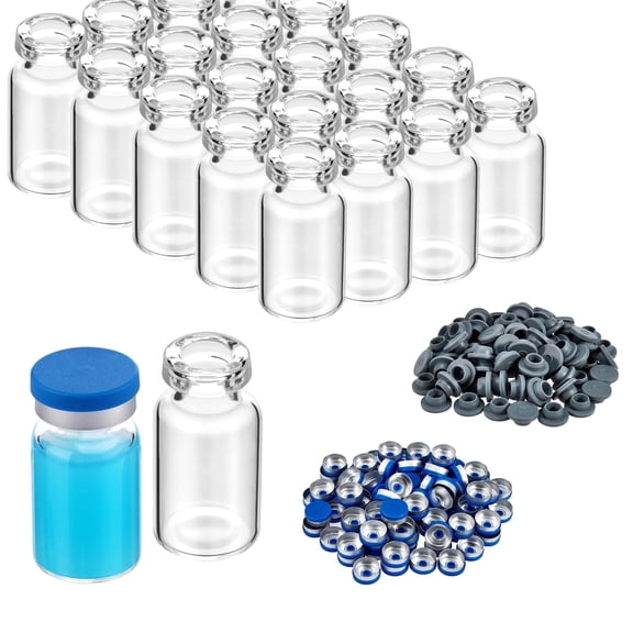 FOUR E's Scientific 2ml Glass Vials, 100Pcs Clear Headspace Vials with 100 Pack Plastic-Aluminum Flip off Caps & Rubber Stoppers, 15mm Transparent Flat Bottom Lab Vial