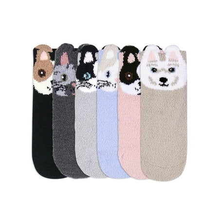 Adorable 6 Pack Animal Face Plush Non-Slip Slipper Socks For Women