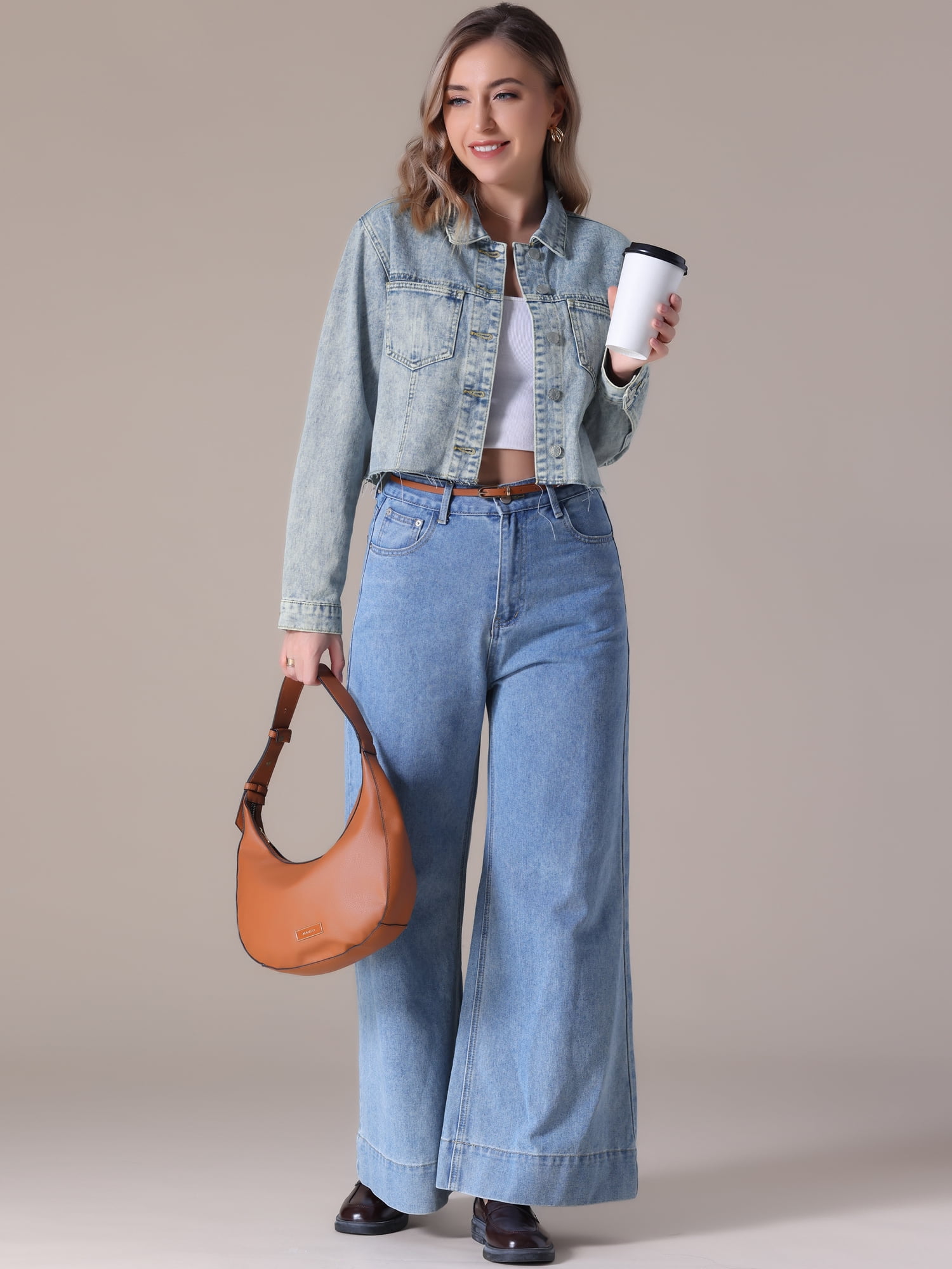 DARING DIVA Women's Cropped Washed Lightweight Frayed Hem Denim Jacket L Light Blue