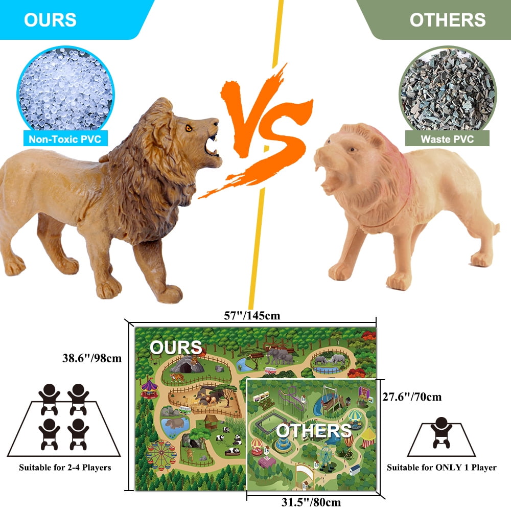 Mini Tudou 12 Pcs Safari Animals Figures Toys w/ 57x38.6'' Large Activity Play Mat, Realistic Jumbo Jungle Wild Toy Zoo Animal Figurines Playset w/ Elephant, Giraffe, Lion for Kids Boys Girls