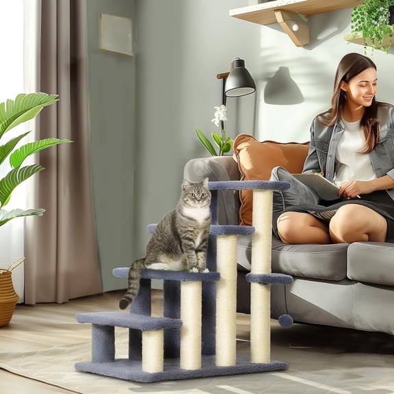 4 Levels Steps, Pet Stairs Carpeted Ladder, Kitten Tree Climber with Scratching Posts, Hanging Ball, Side Step, for High Bed, Sofa, Gray