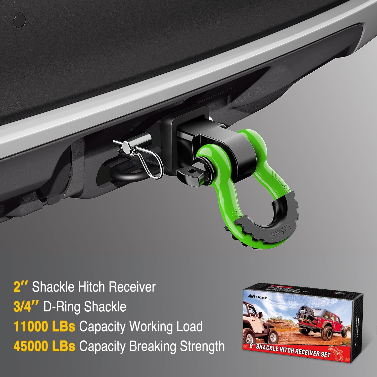 Nilight Shackle Hitch Receiver 2inch 45000 LBs Breaking Strength 3/4" D Ring Shackle w/Trailer Hitch Pin Heavy Duty Solid Recovery Towing Kit for Trucks Jeeps Off-Road