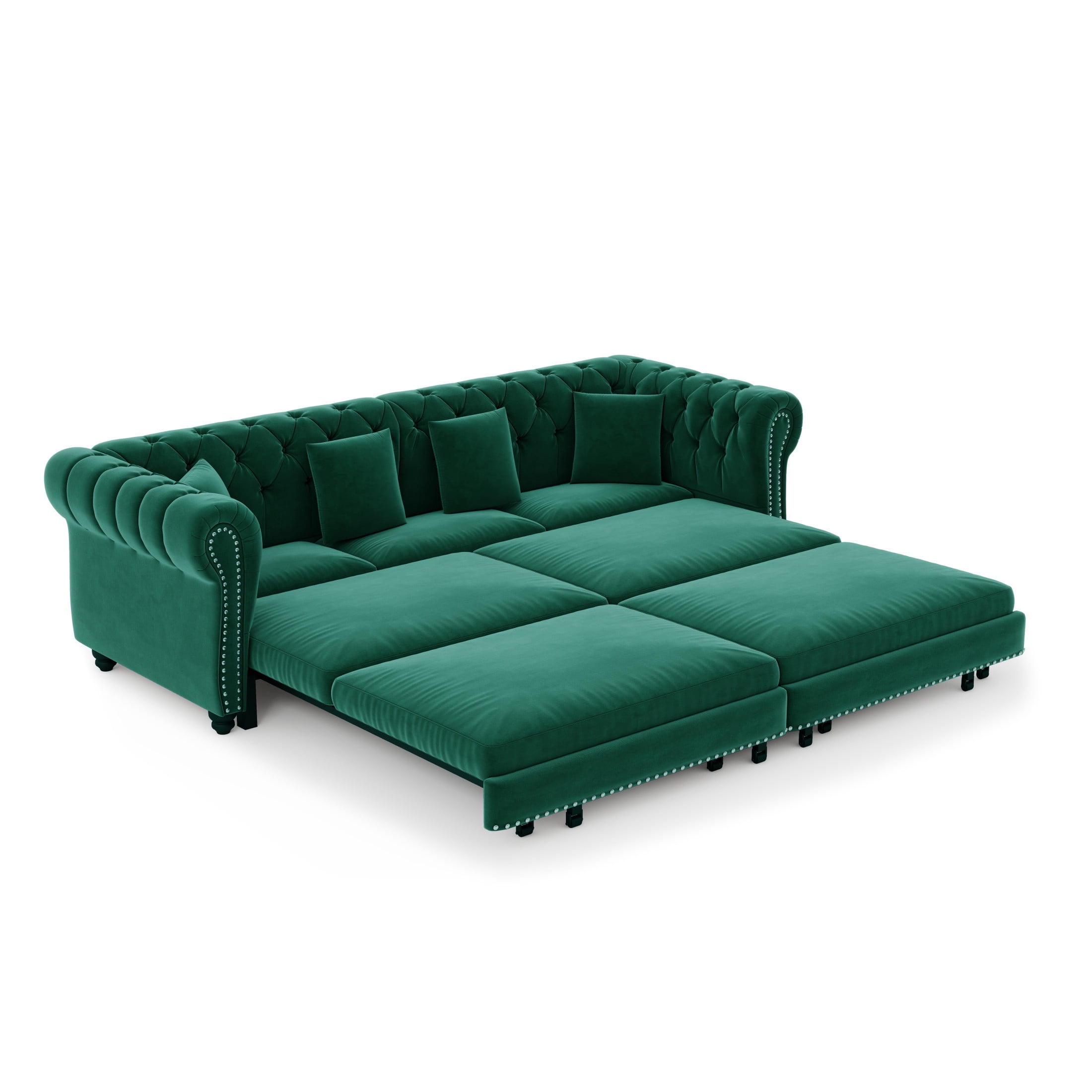 Noble House Ulwick Velvet Chesterfield Pull-Out Sofa Bed, 3-in-1 Convertible Sleeper Couch with Movable Ottoman, Green
