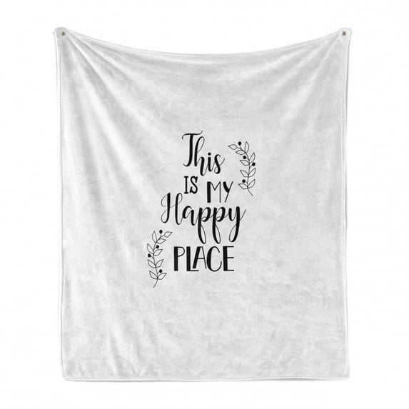Saying Soft Flannel Fleece Throw Blanket, Cursive This is My Happy Place Typography Simplistic Monochrome Design, Cozy Plush for Indoor and Outdoor Use, 70" x 90", Charcoal Grey White, by Ambesonne
