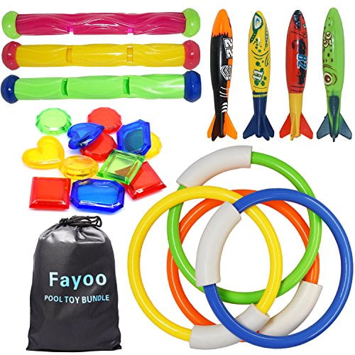 Fayoo 23 Pack Underwater Swimming/Diving Pool Toys Diving Rings(4 Pcs), Toypedo Bandits(4 Pcs), Diving Sticks(3 Pcs) with Under Water Treasures (12 Pc