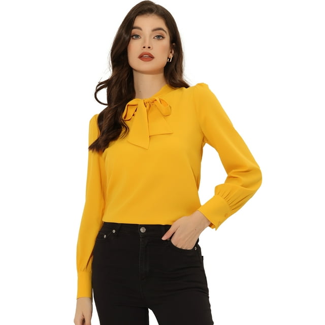 Blusa de Oficina de Trabajo Allegra K Amarillo M Manga Larga Cuello de Pajarita