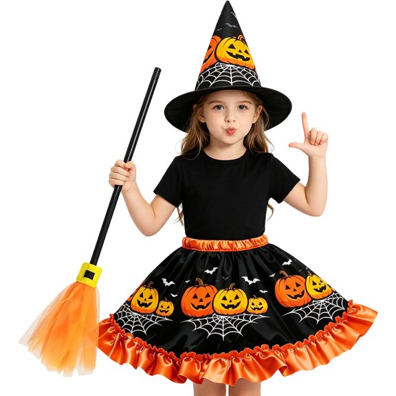 Halloween Girls Dresses Tutu Girls Printed Tutu Dress With Witch Hat And Broom For Halloween Party Styling School Events 4 To 12Y