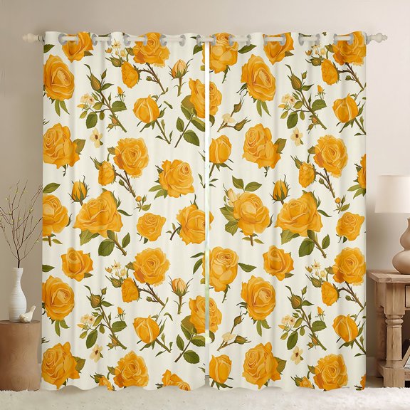 Feelyou Romantic Yellow Rose Black Out Curtains, Rustic Flower Floral Curtains Pack of 2 (42x63 Each), Simple French Fashion Bedroom Curtains, Curtains and Drapes Decor