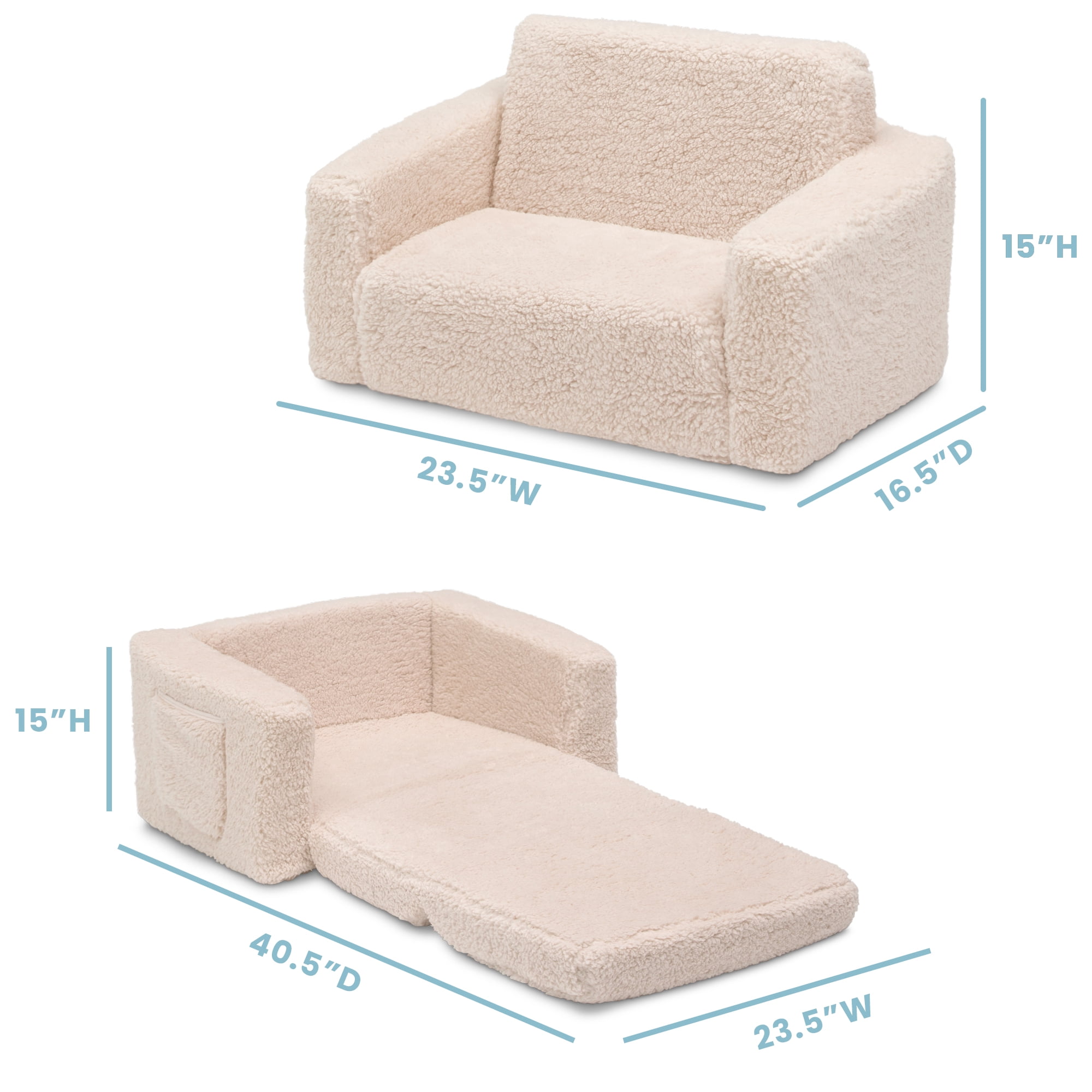 Delta Children Cozee Flip-Out Sherpa 2-in-1 Convertible Chair to Lounger for Kids, Cream