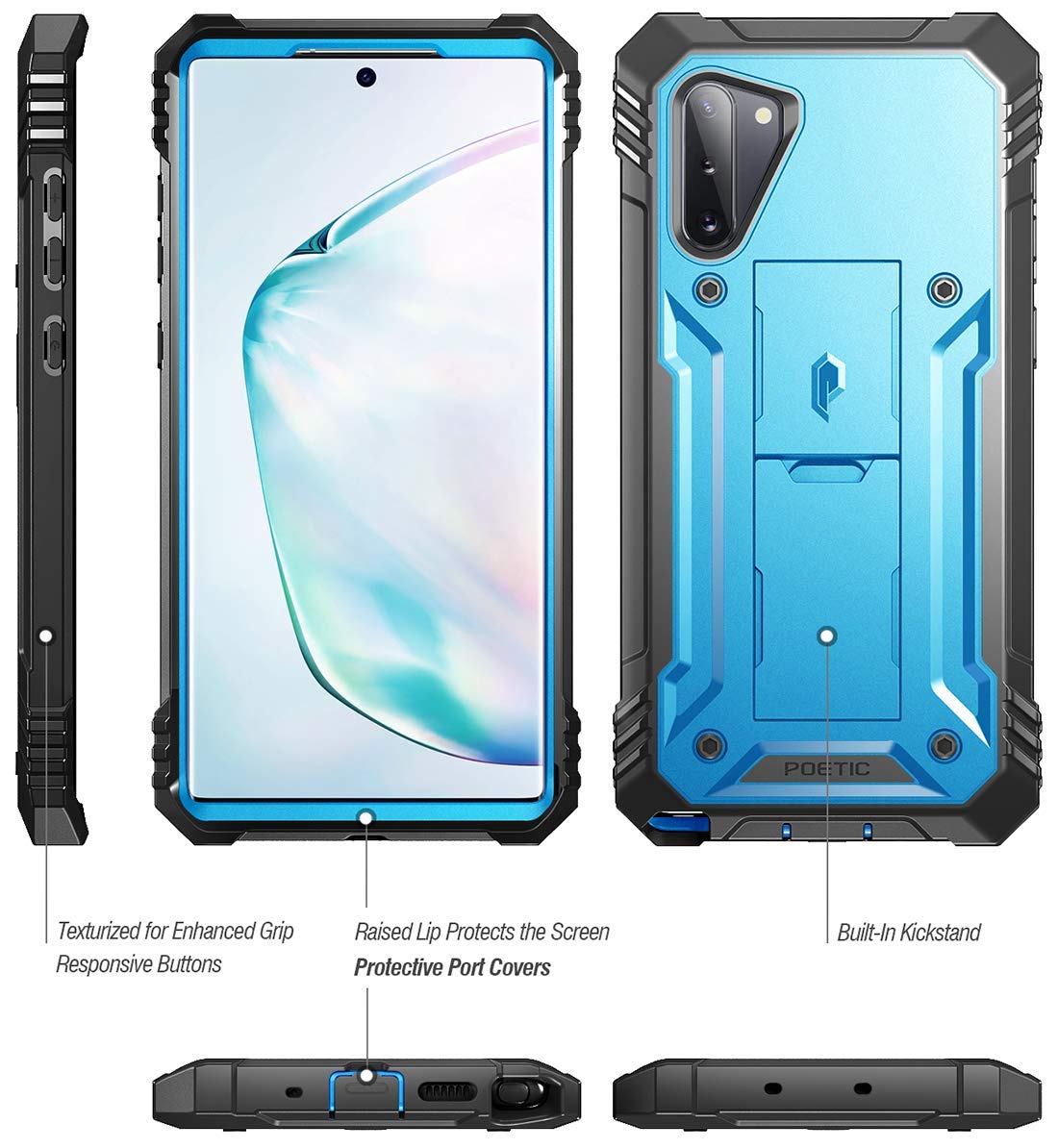 Poetic Galaxy Note 10 Rugged Case with Kickstand, Heavy Duty Military Grade Full Body Cover, Without Built-in-Screen Protector, Revolution Series, for Samsung Galaxy Note 10 (2019), Blue - image 2 of 7