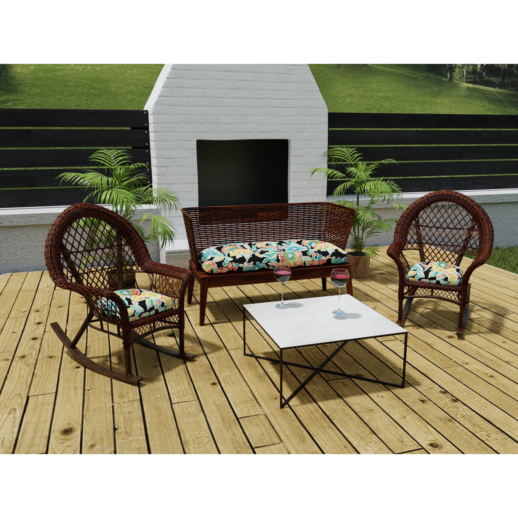 Jordan Manufacturing 3-Piece Colsen Noir Black Floral Tufted Outdoor Cushion with 1 Wicker Bench Cushion and 2 Wicker Seat Cushions