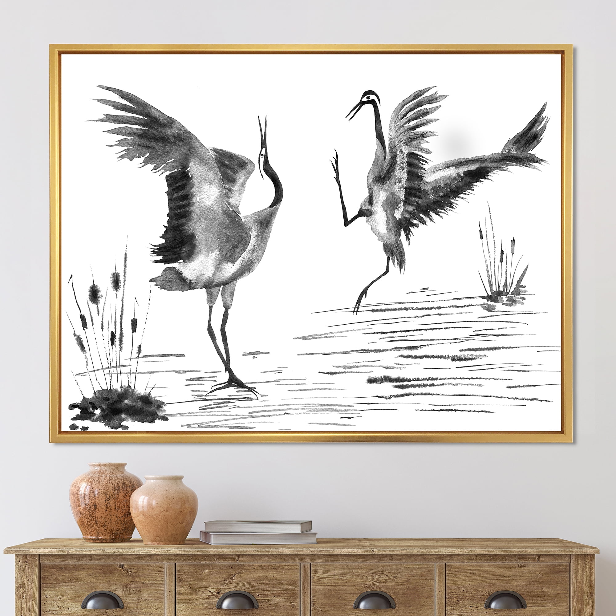 Designart 'Monochrome Two Enamored Japanese Cranes Birds' Traditional Framed Canvas Wall Art Print