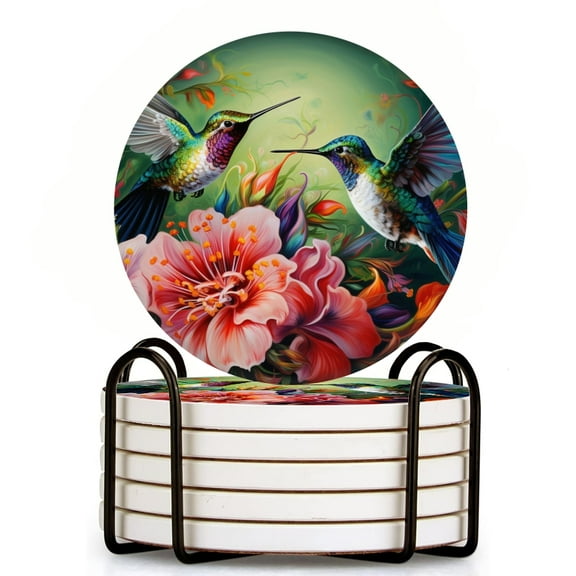 Drink Coasters Set Of 6 With Holder Hummingbirds With Iridescent And Colorful Feathers Flying Around Large Flowers Water Absorbent Ceramic Coasters Tabletop Protection,Suitable For Various Cup