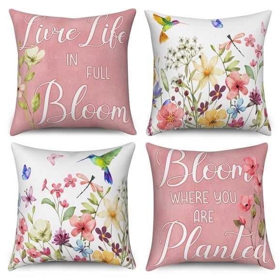 Spring Pink Floral Throw Pillow Covers 20x20 Set of 4,Hummingbird Flower Decorative Pillow Cases for Bedroom Sofa Couch