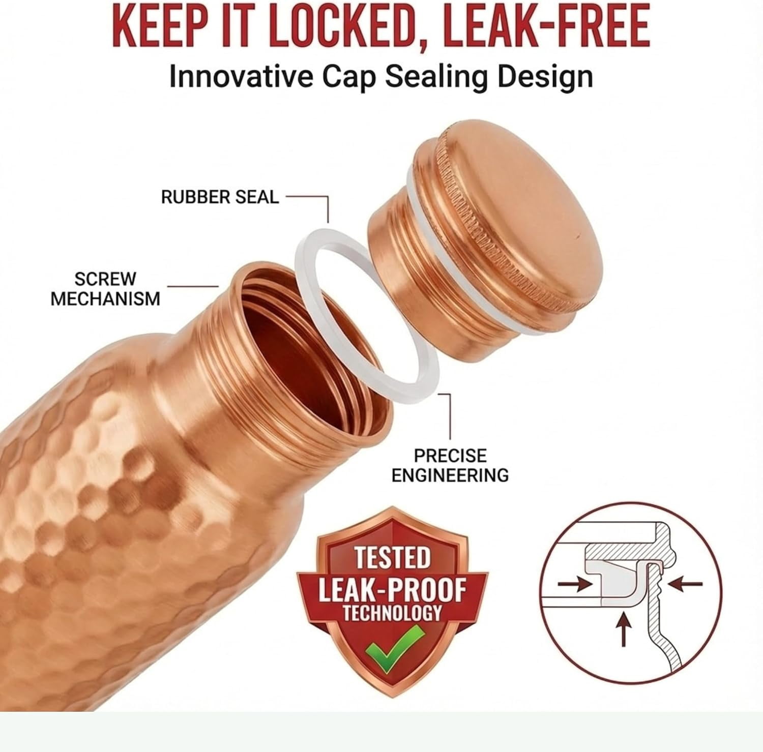 Store Indya 30 oz Copper Water Bottle with Handcrafted, Leak-Proof Lid
